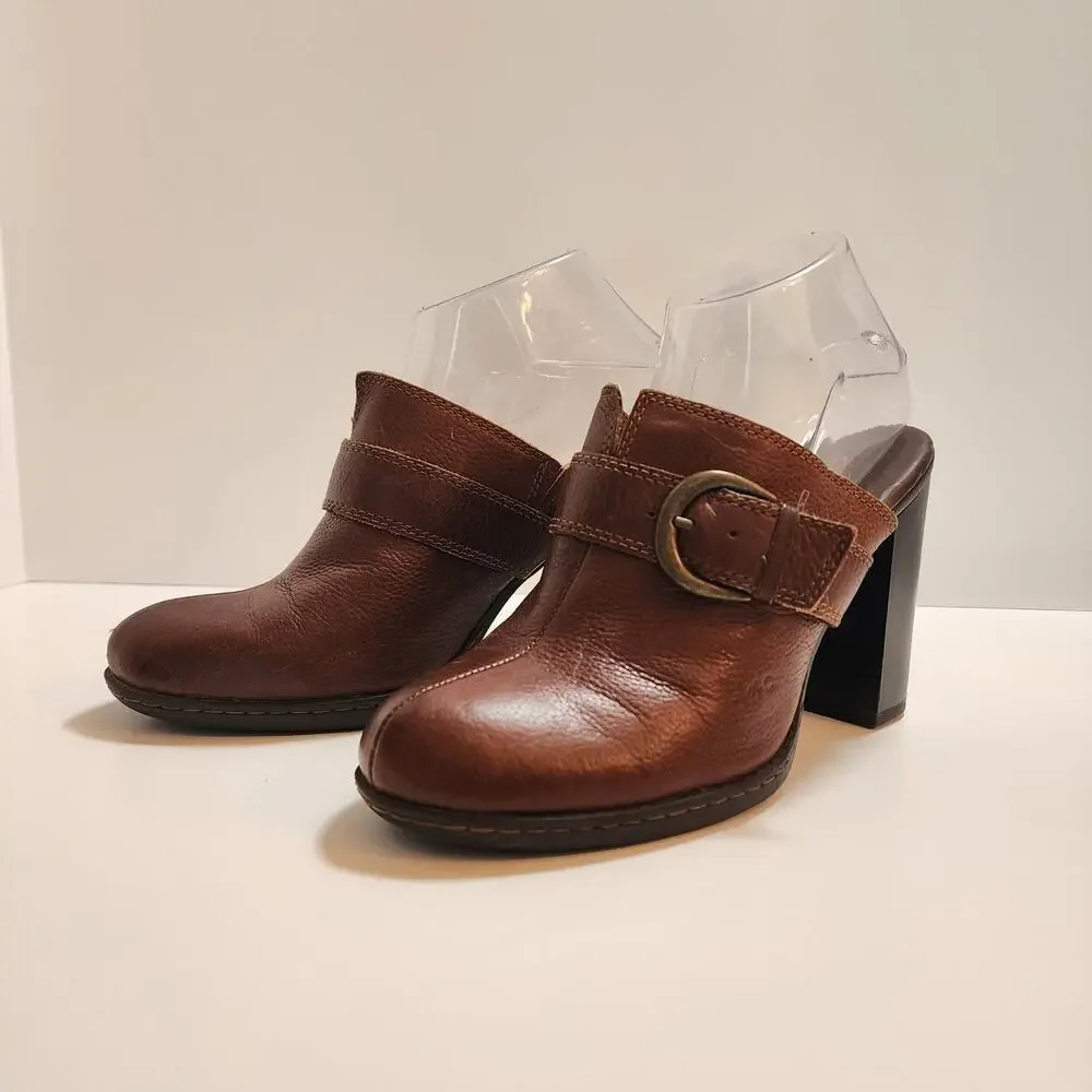 BOC Brown Leather‎ Slip On Clogs Stacked Heel Women's SZ 8